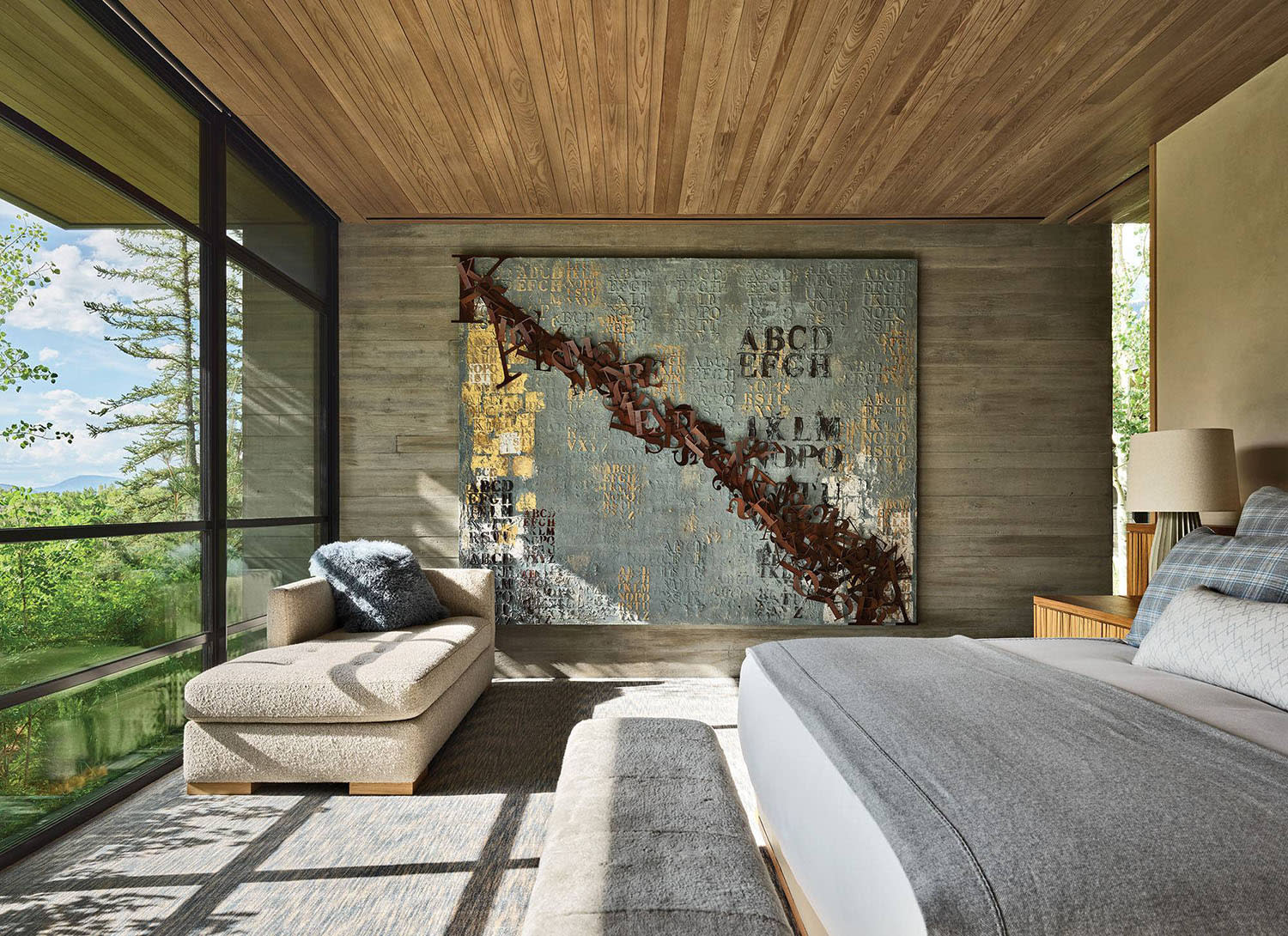 bedroom with a glass wall, large artwork and cypress ceiling