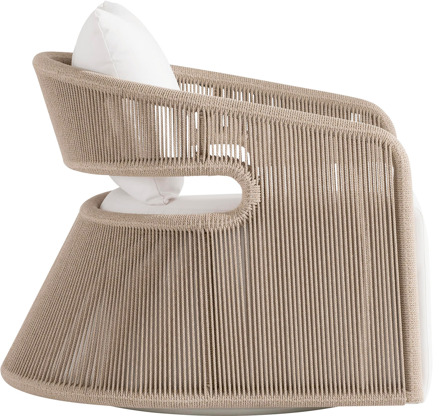Contemporary chair with a unique design, featuring beige rope weaving around a white cushion, showcasing a modern and elegant aesthetic.