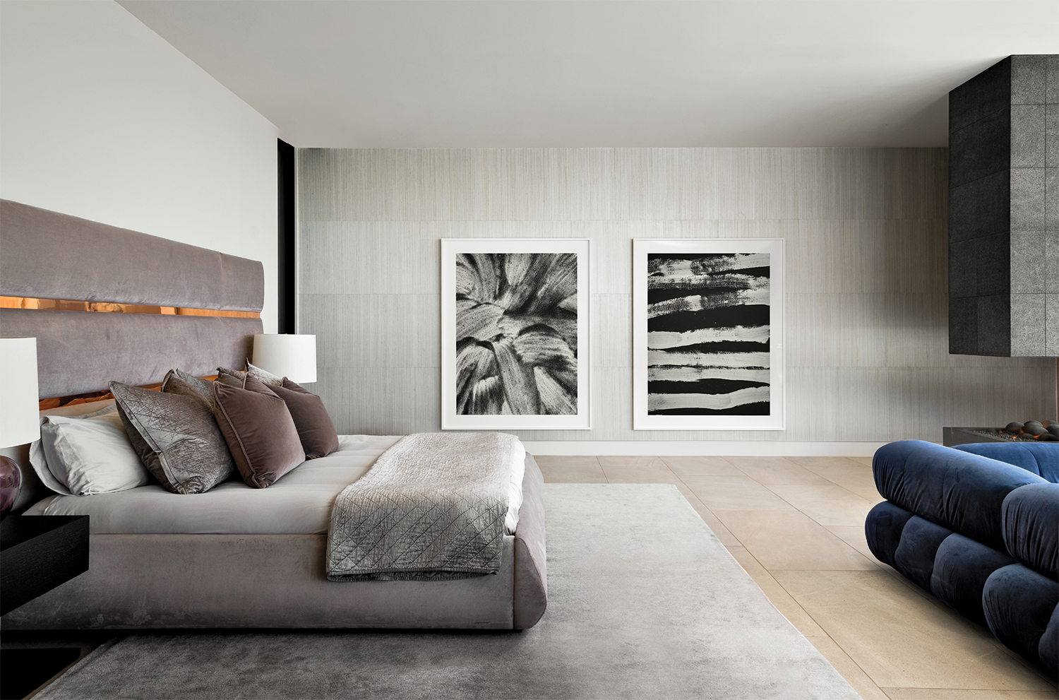 contemporary bedroom with gray and blue furnishings