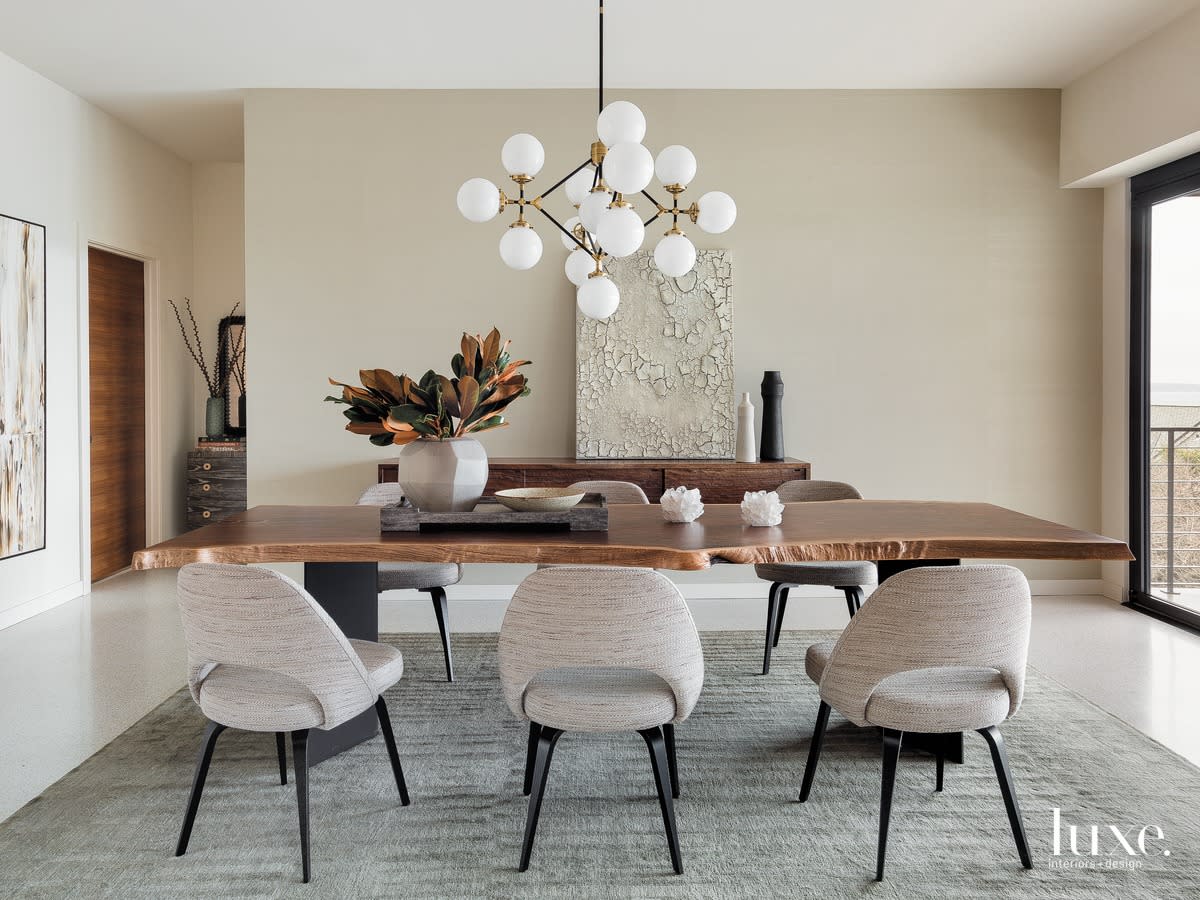 mid-century modern dining room neutral palette chandelier