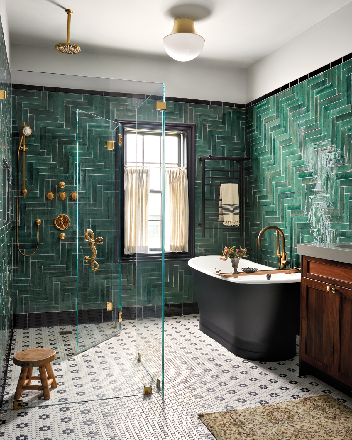 green bathroom with penny tile flooring