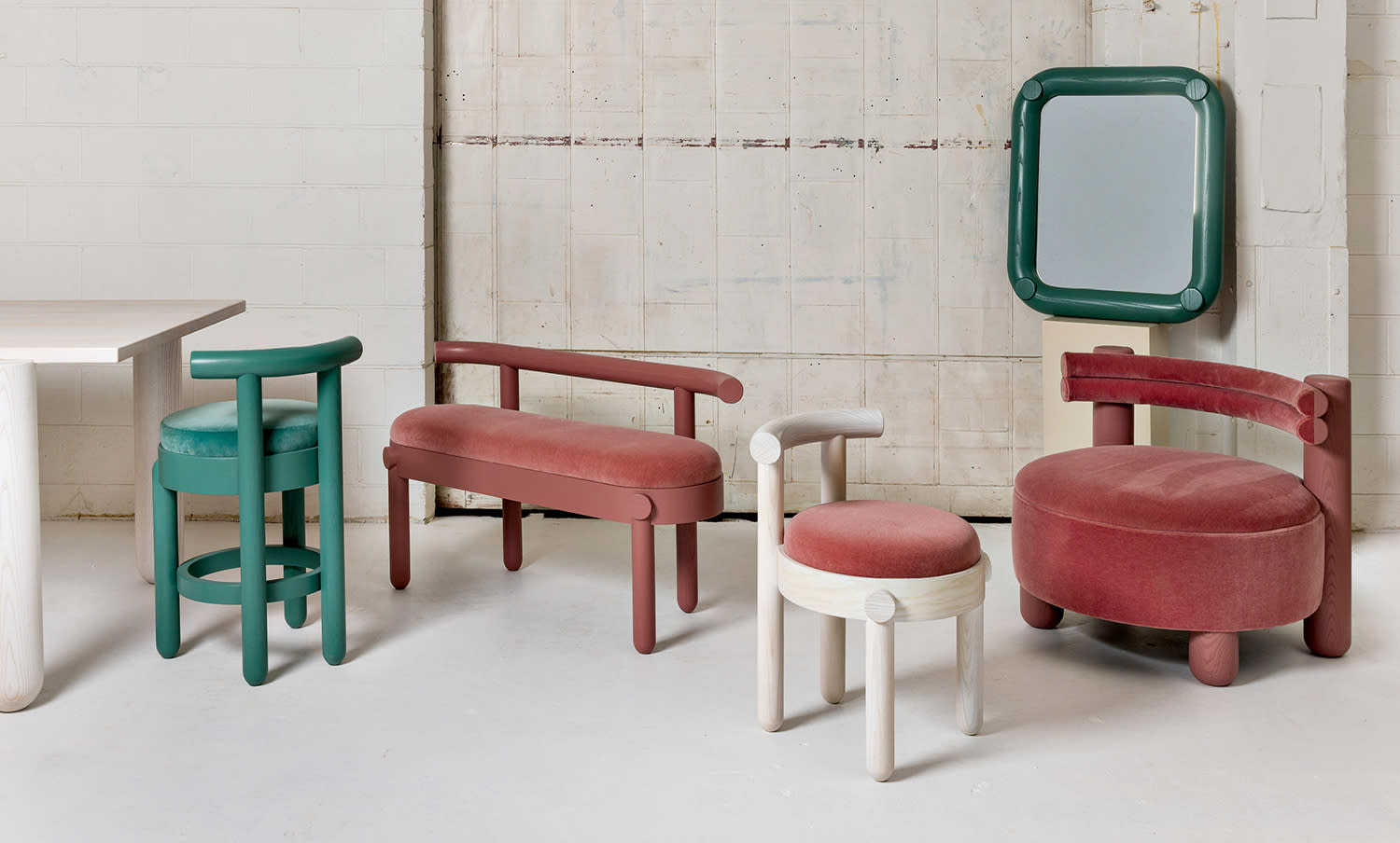 set of pink and teal dining chairs by bnf studio