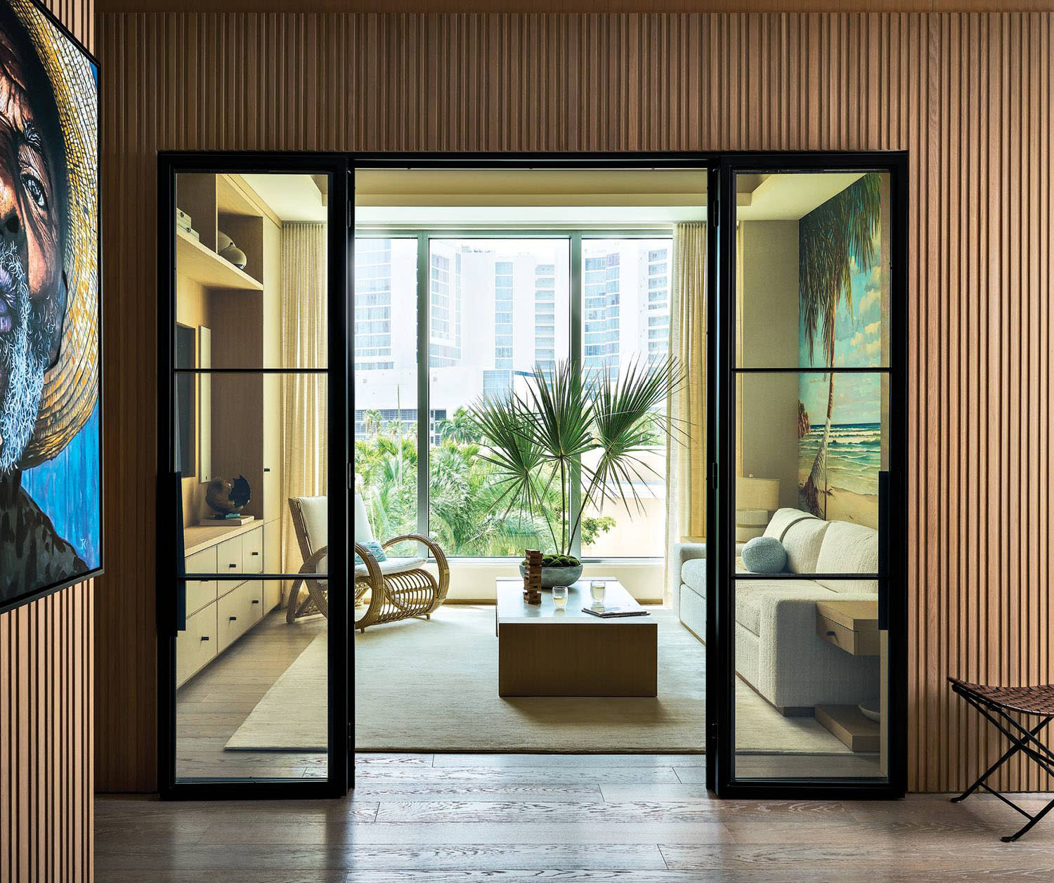 frosted doors line a den/guest bedroom in a contemporary Sarasota home
