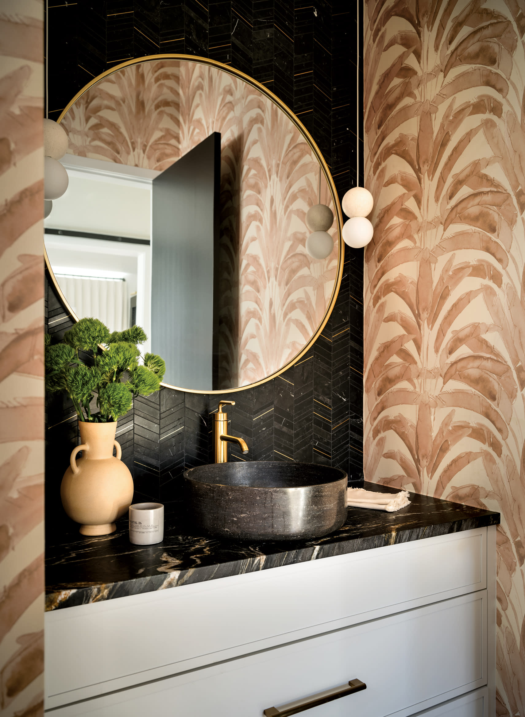 powder room with sepia-toned tropical wallpaper