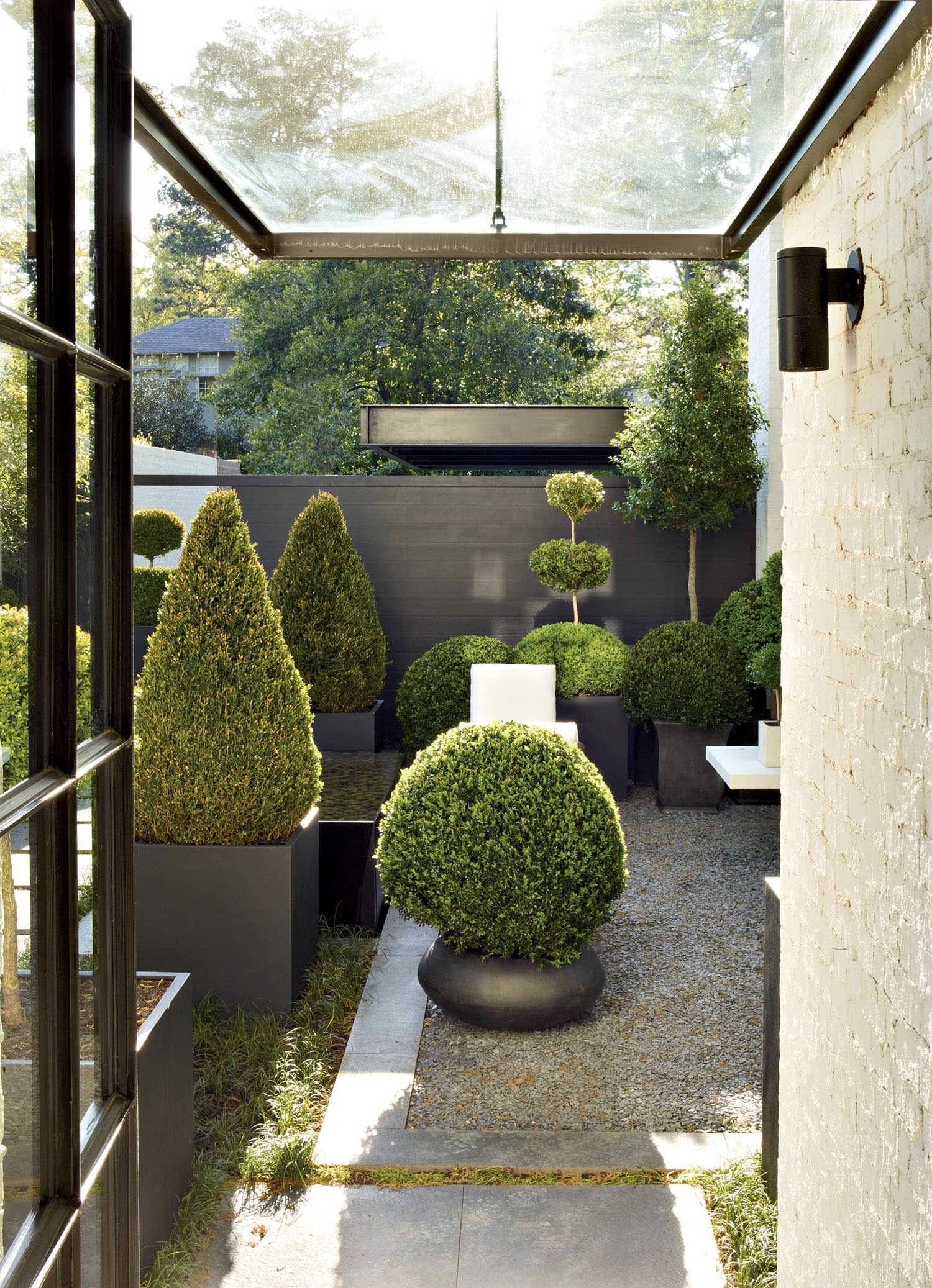 A garden area with manicured hedges in dark pots arranged near a stone walkway.