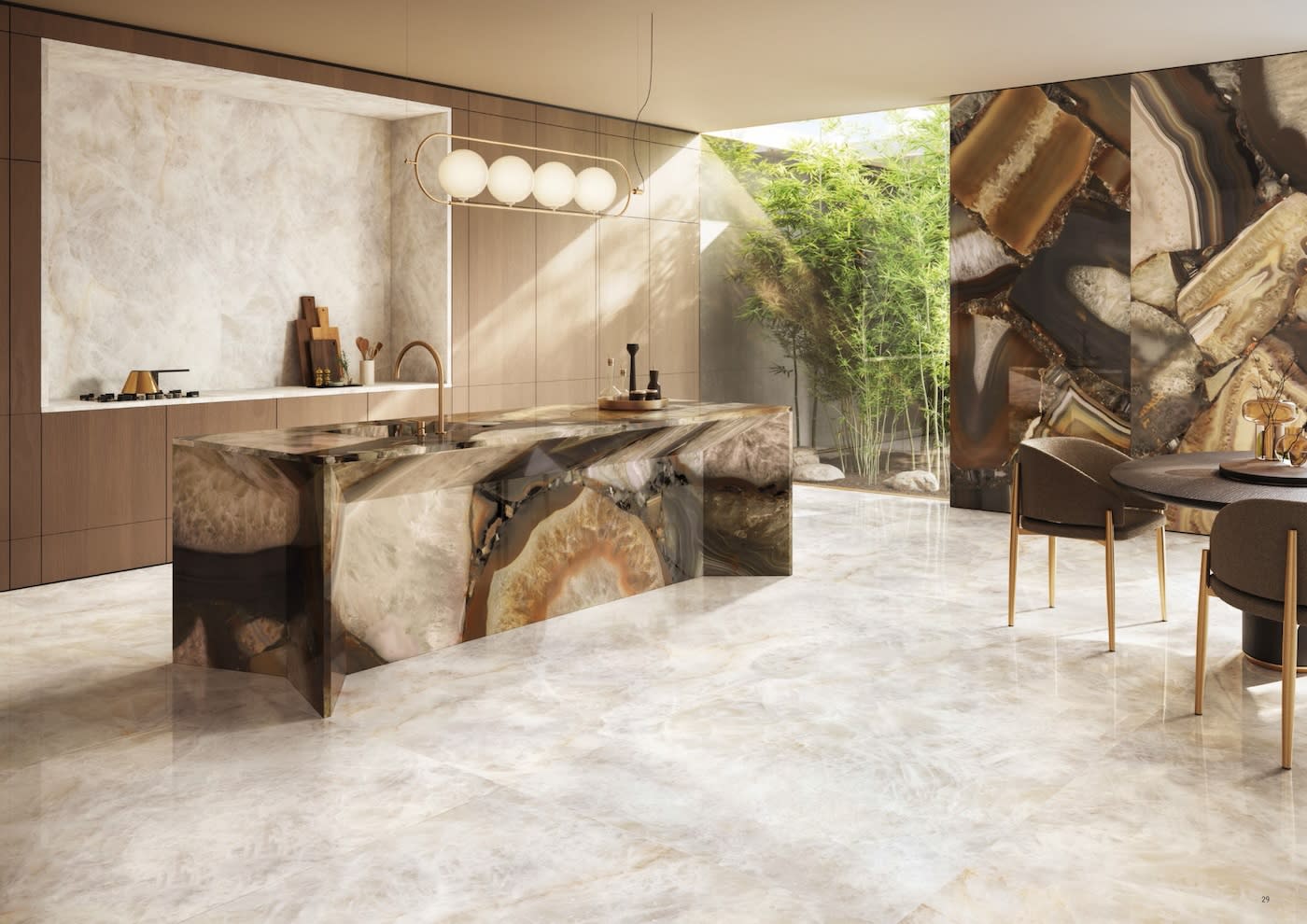 Modern kitchen with a large agate-patterned island, wooden cabinets, and floor-to-ceiling windows. Sunlight illuminates green bamboo plants, creating a serene ambiance.