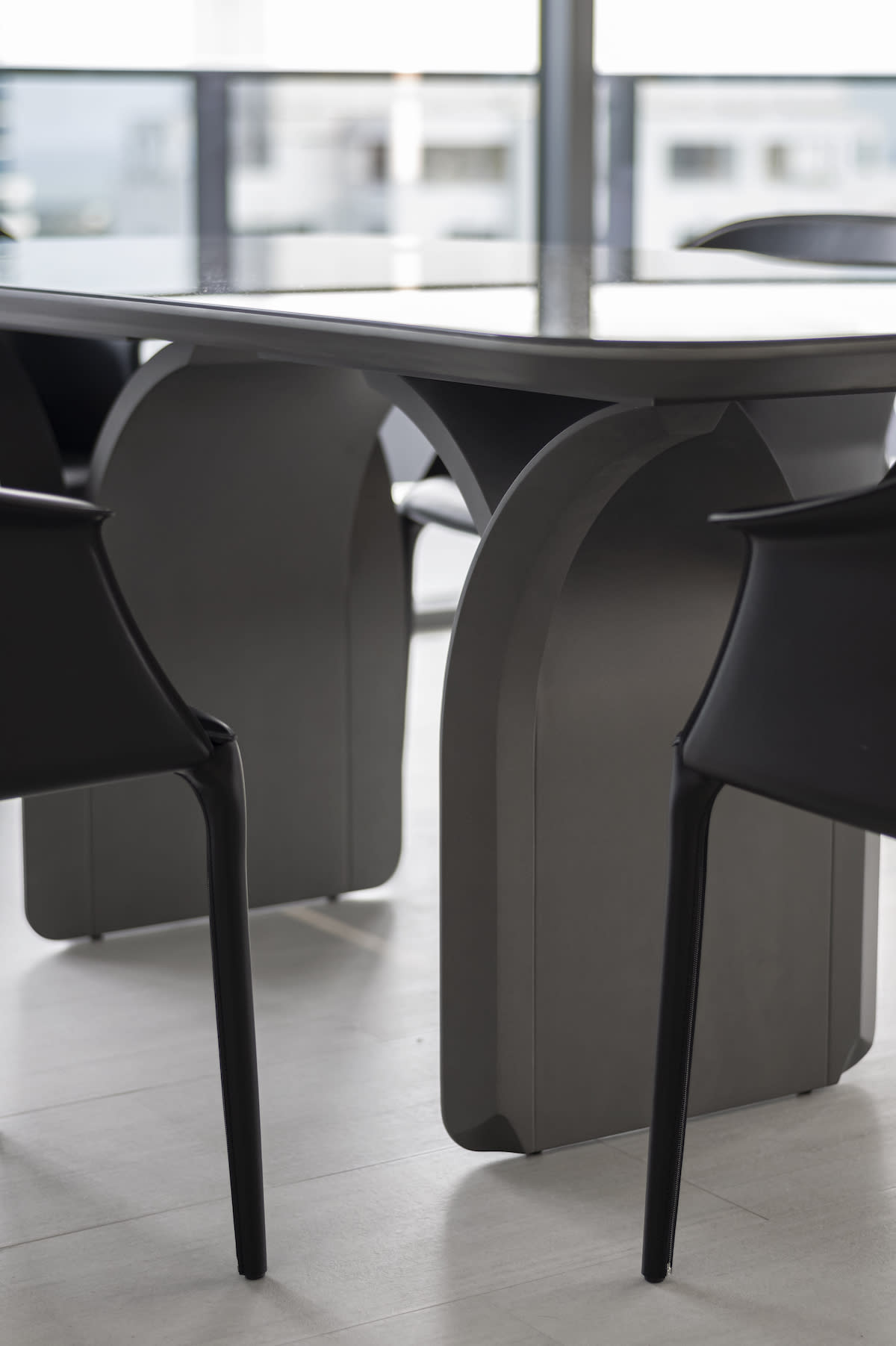 dark dining table with black chairs