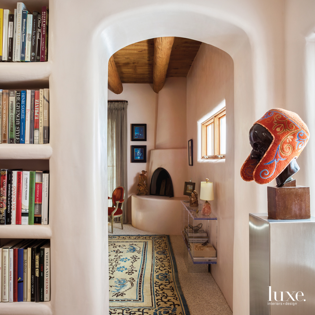 eclectic bedroom hallway neutral bookshelves