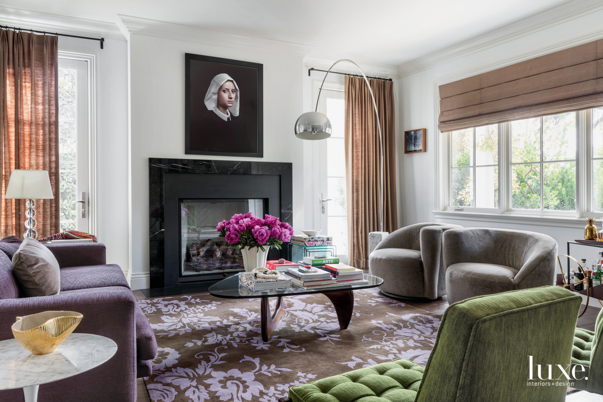 eclectic living room neutral with purple accents