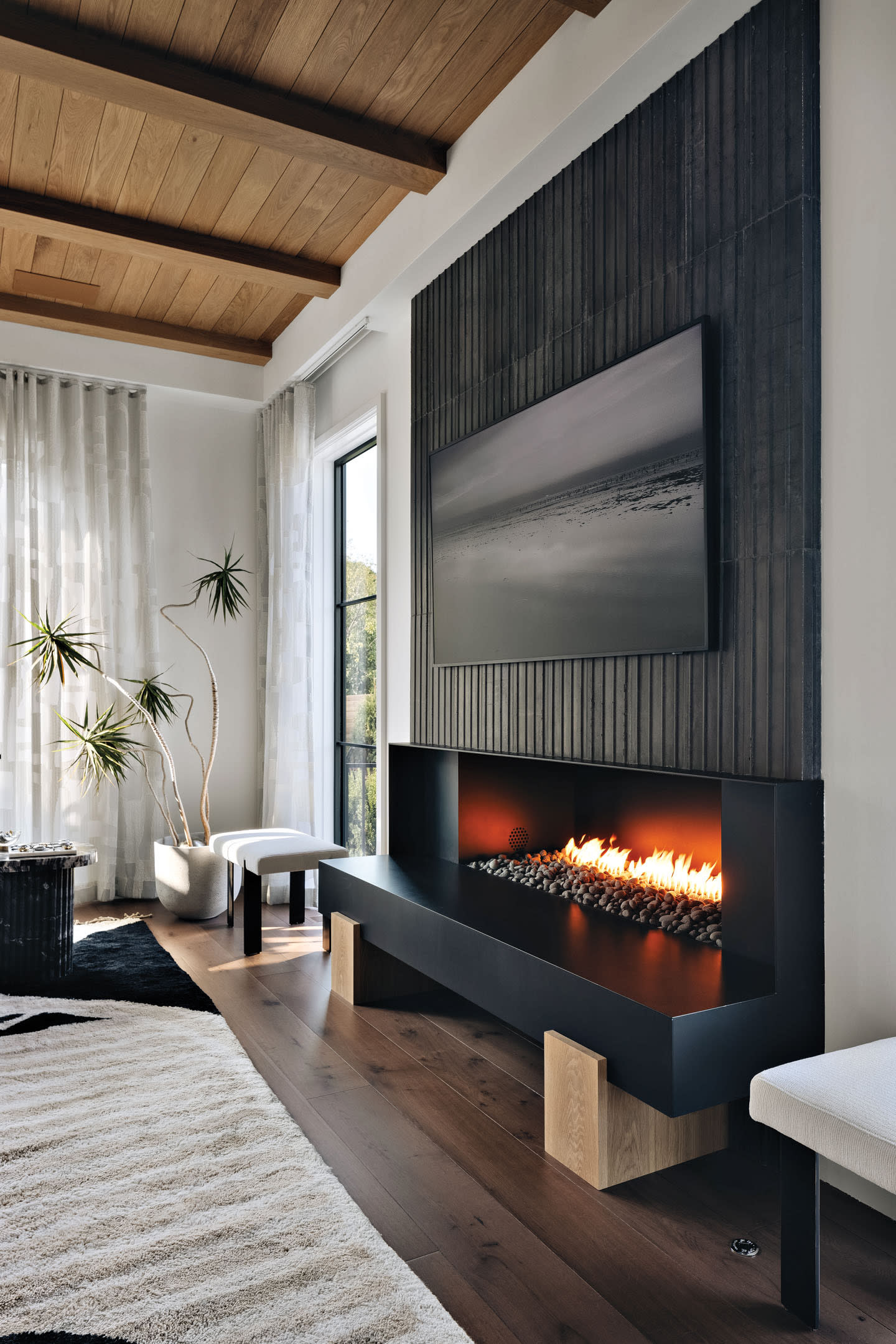 cozy fireplace in a contemporary living room