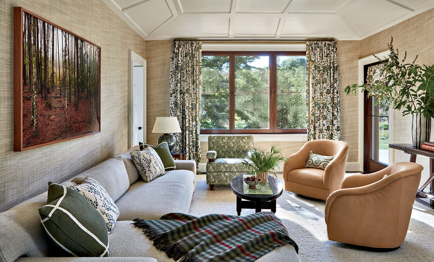 family room in soft, sandy tones