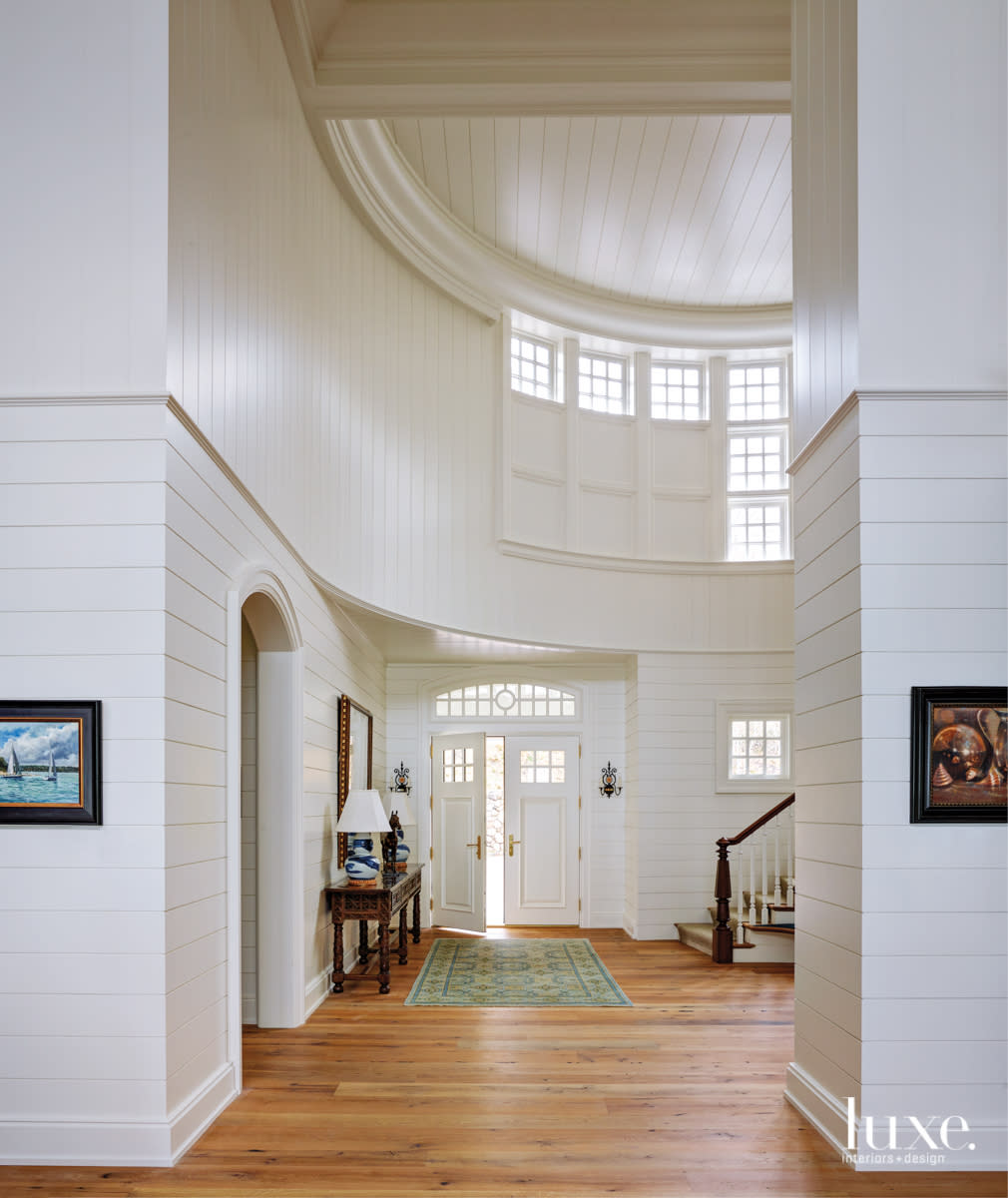 The soaring entryway of a Michigan vacation home.
