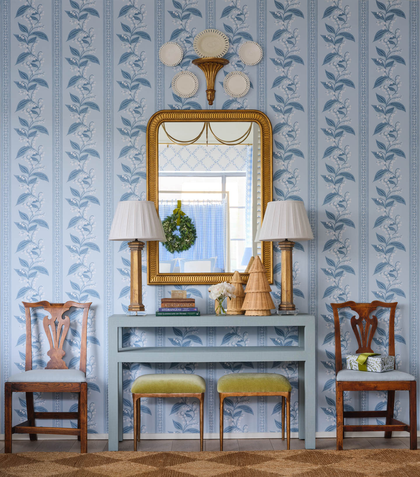 entryway with blue striped floral wallpaper