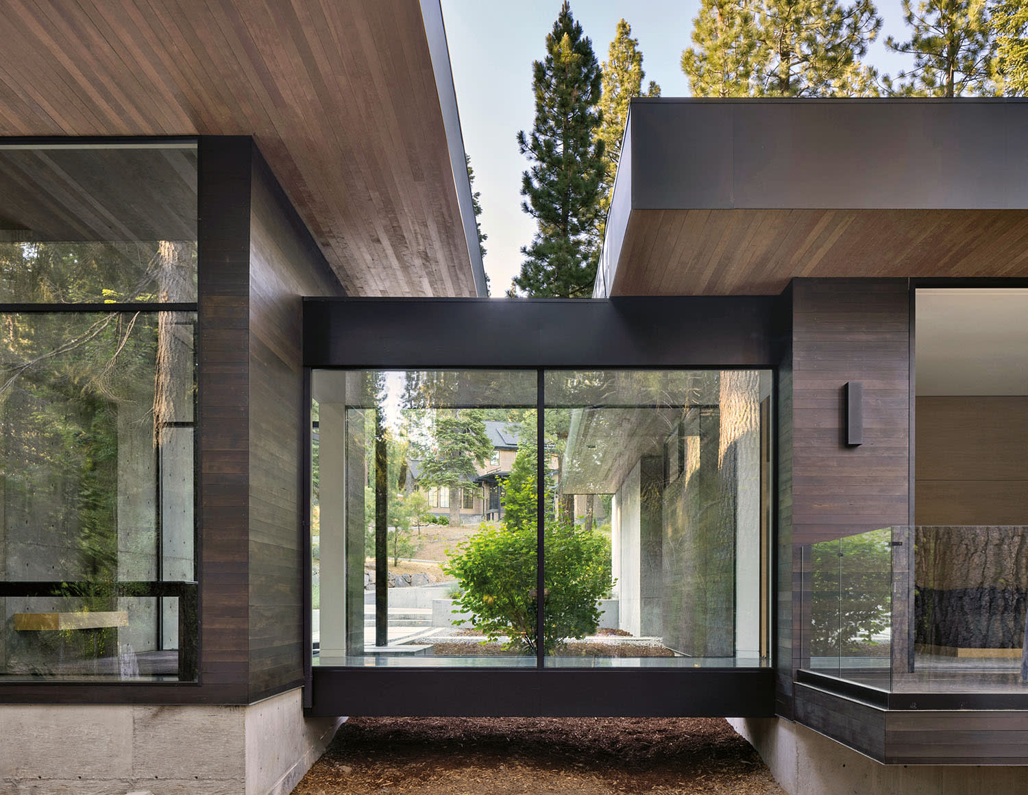 Modern home with dark wood and glass exterior, nestled in a forest setting.