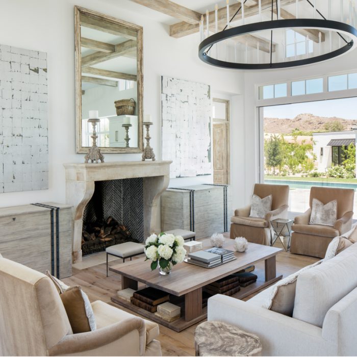 In Paradise Valley, designer Dana Lyon's home evokes the unstudied elegance of wine country. She designed the living area's sofas and armchairs, all upholstered in Holly Hunt fabric from John Brooks Incorporated, as well as the bleached walnut coffee table made by Peter Thomas Designs. The pillows are covered in Nobilis fabric from Diane Cote.