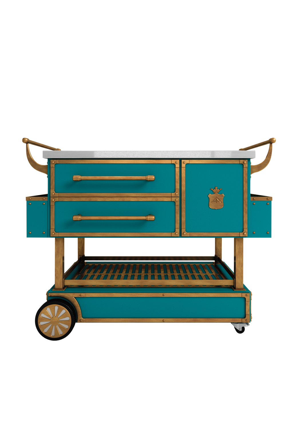 teal and gold bar cart