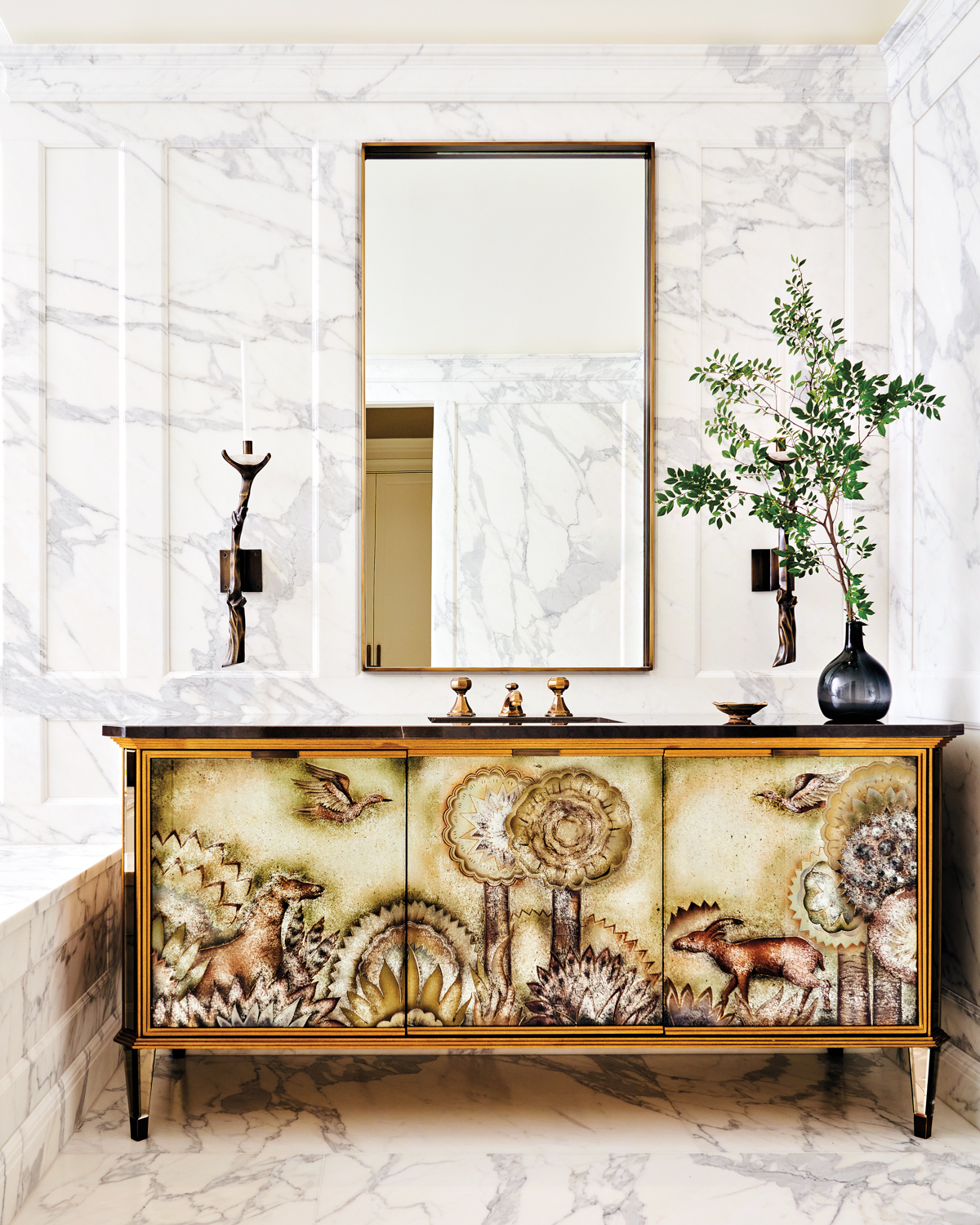 primary bathroom with custom paneled marble walls