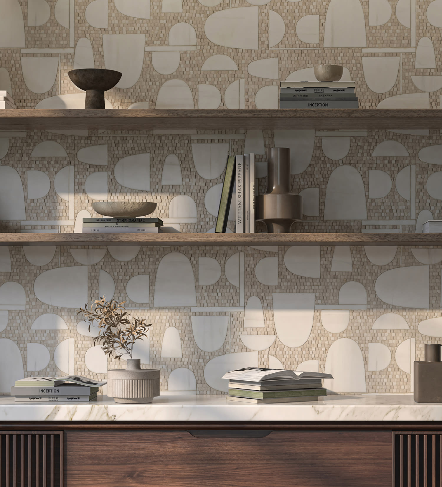 retro-style tile behind a bookshelf