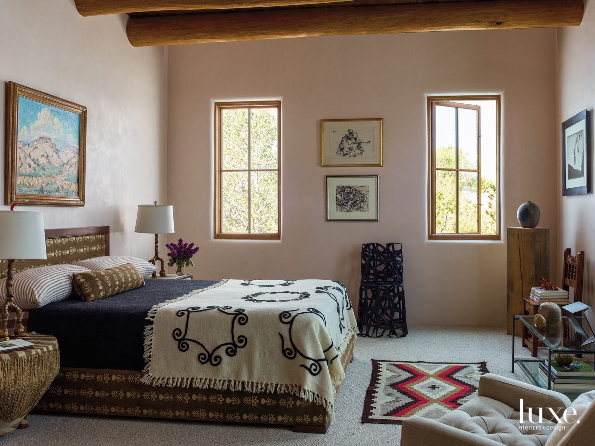 eclectic neutral bedroom black accents