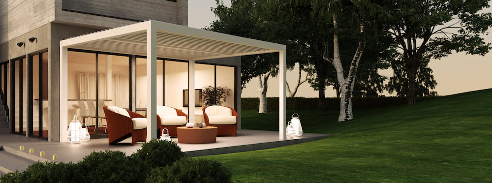 white motorized pergola on outdoor patio