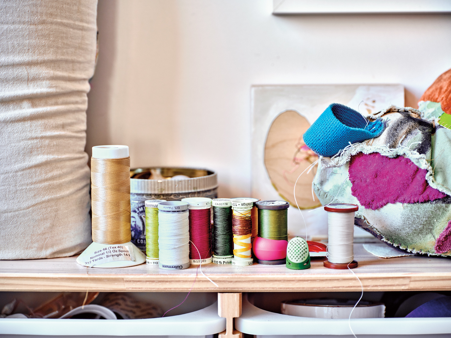 spools of thread in Emma Balder's studio