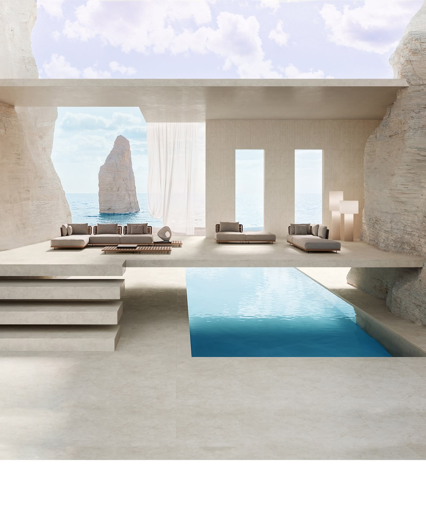 Luxurious minimalist interior with a small pool, beige tones, and large openings revealing a sea view and rock formations. Calm, serene atmosphere.