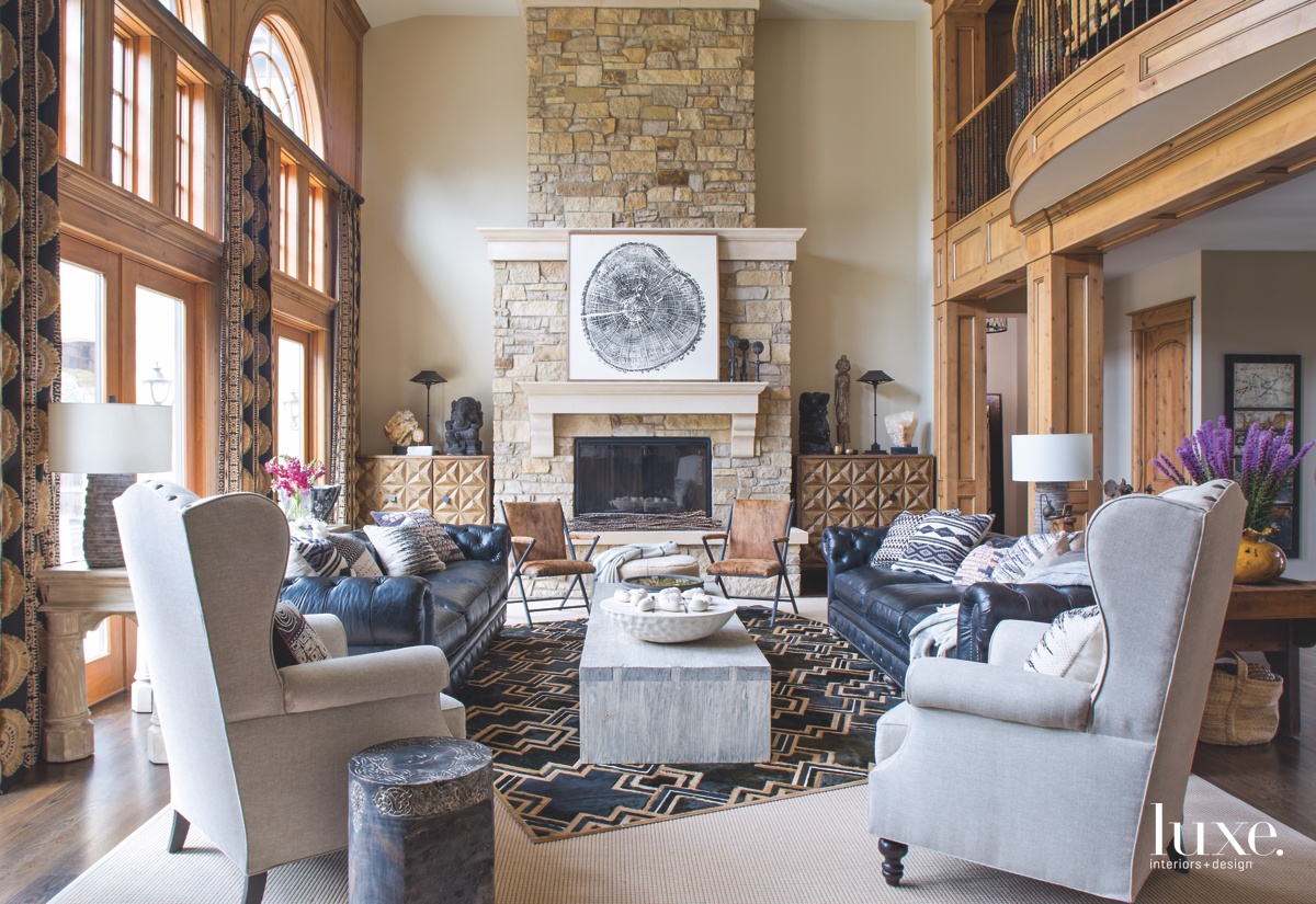 contemporary great room fireplace patterned rug