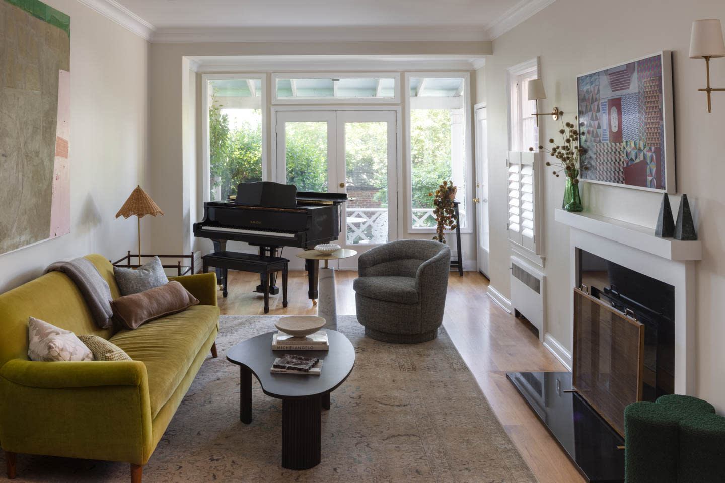 neutral brown living room with a yellow couch