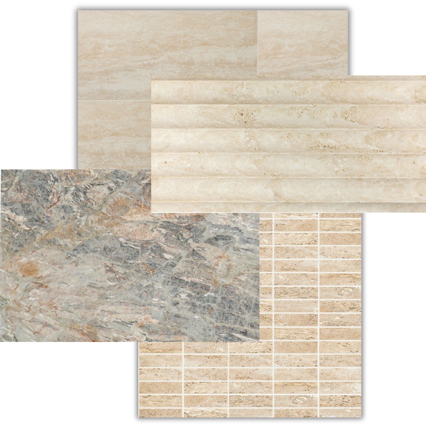 Navona Avorio porcelain, Geometric fluted travertine and Cielo quartzite by Walker Zanger