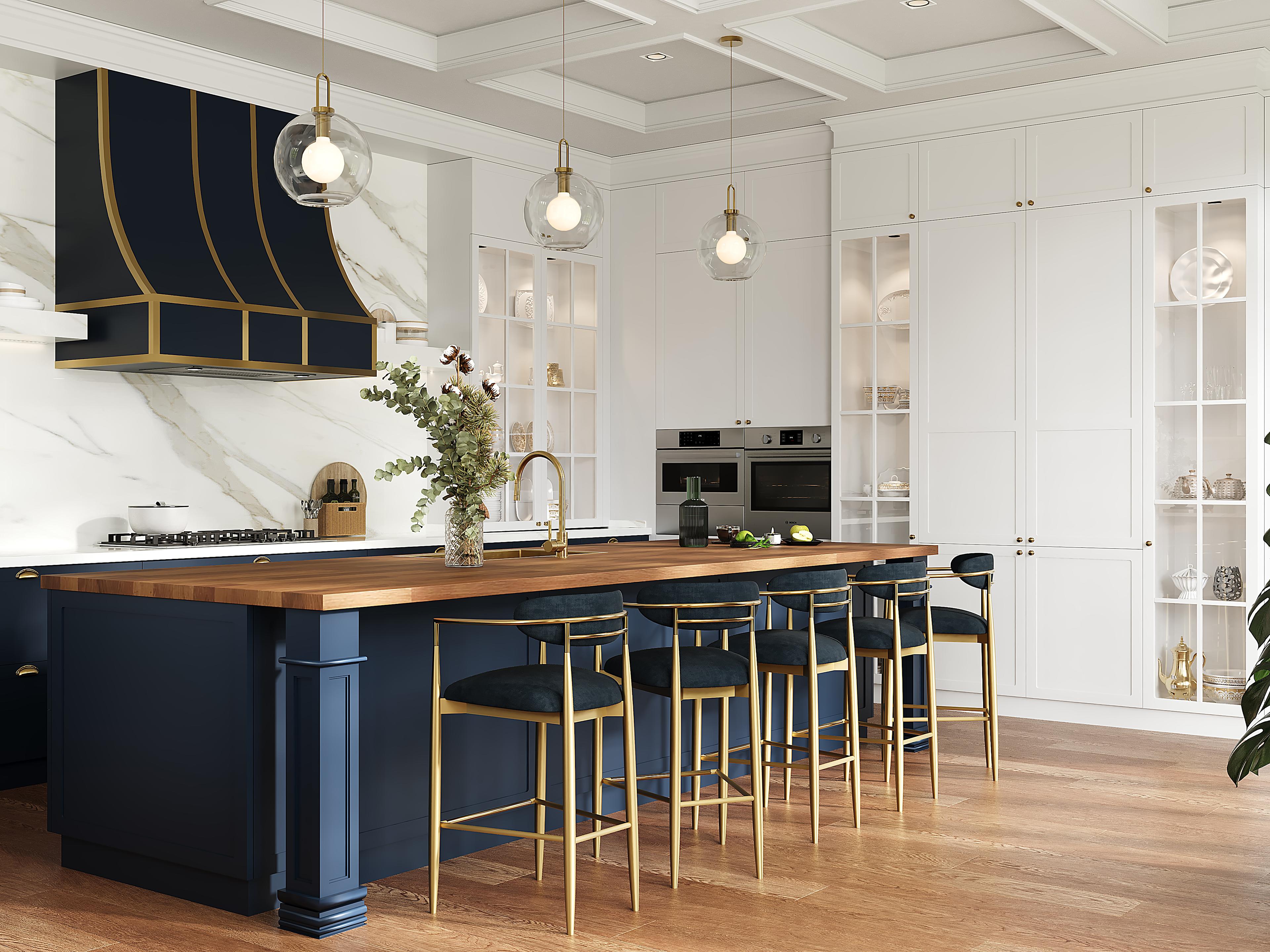 Custom kitchen design by Cuzine featuring a stunning range hood. 