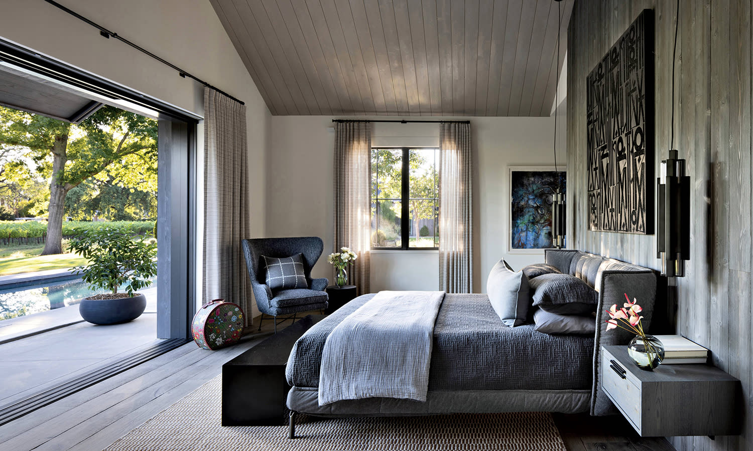 sleek, wine country-inspired bedroom 