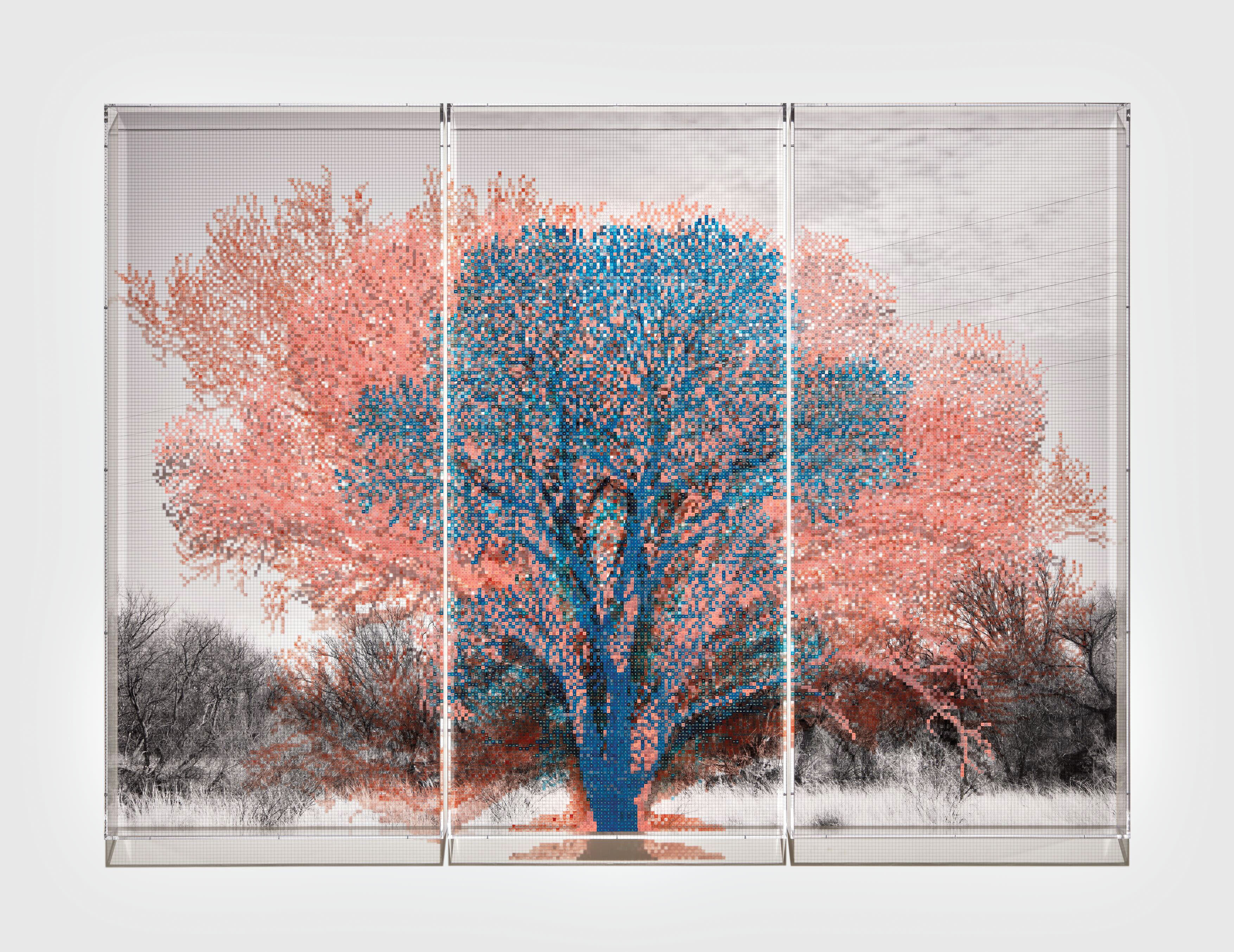 triptych of pink and blue trees