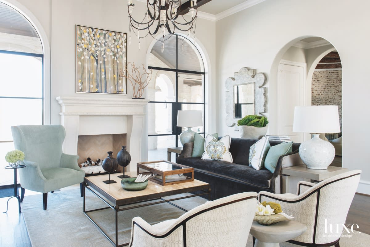 farmhouse living room blue accents white walls