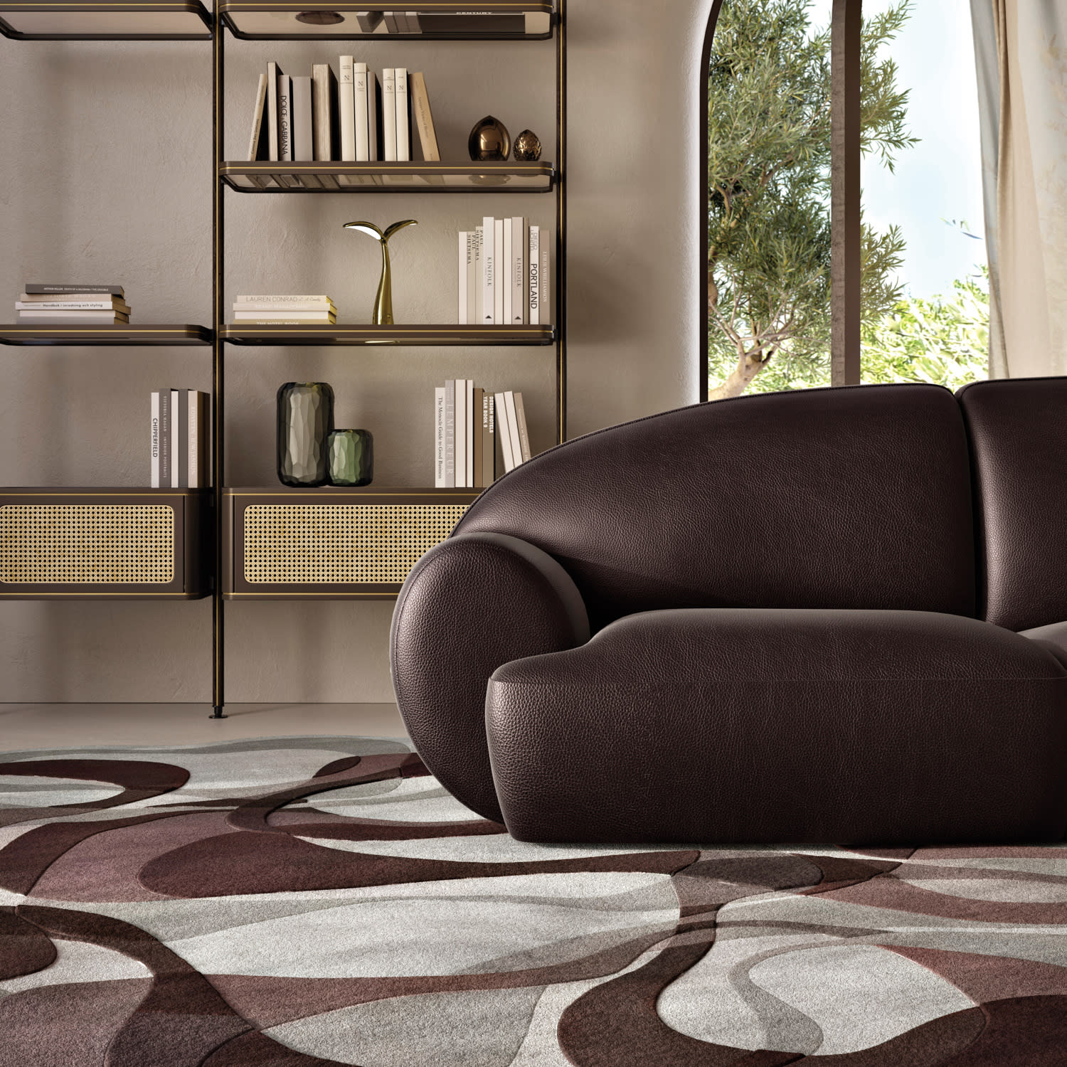 dark brown leather sofa in a living room vignette at Natuzzi Italia