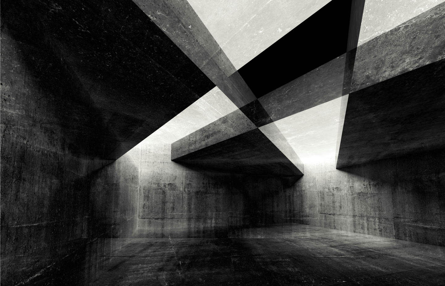 Monochrome abstract image of a concrete room with intersecting beams casting dramatic shadows, creating a stark, industrial atmosphere.