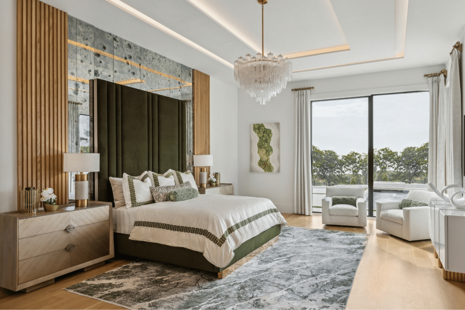 Modern Maximalism, McKinney. Photographed by Costa Christ: Strictly Natural Light: 
A contemporary bedroom showcasing a generous bed and a magnificent chandelier, exuding luxury and comfort.