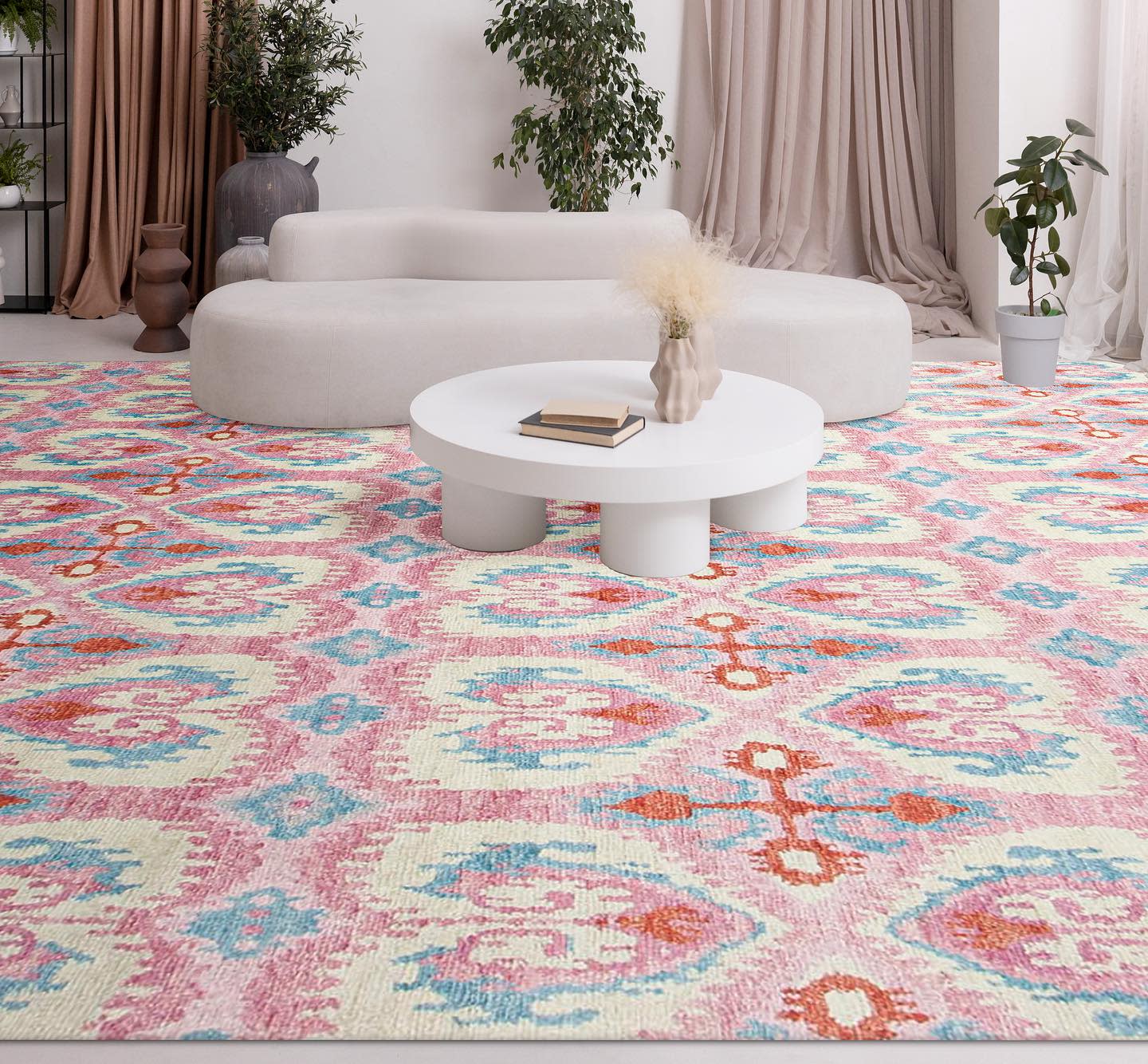 A vibrant rug in a living room, complemented by a white table.