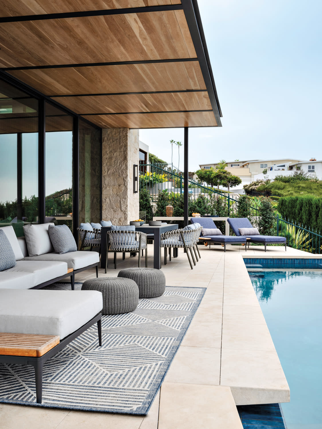 limestone pool terrace of a California home