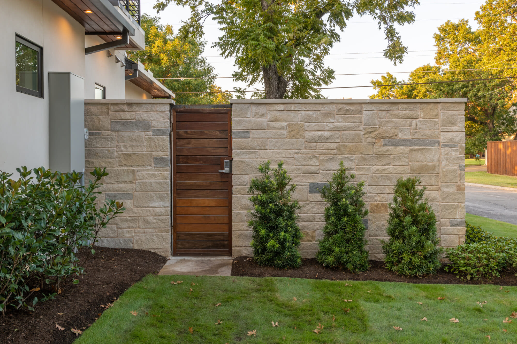Stone privacy wall with wooden gate and columnar shrubs