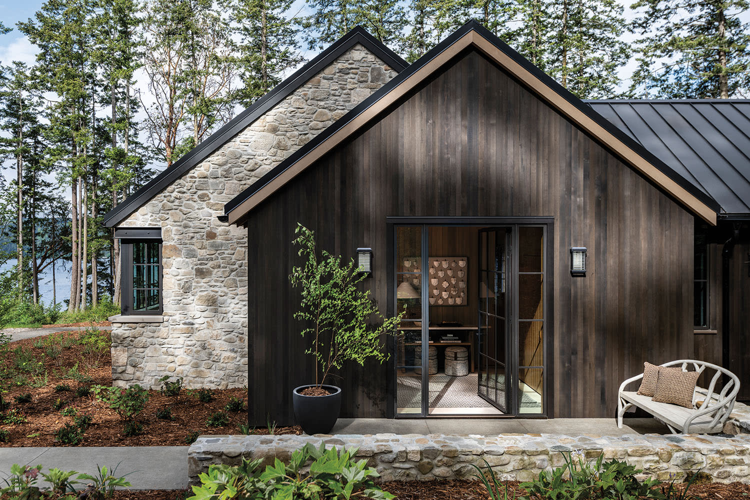 the cedar-clad front of a Washington waterfront cottage