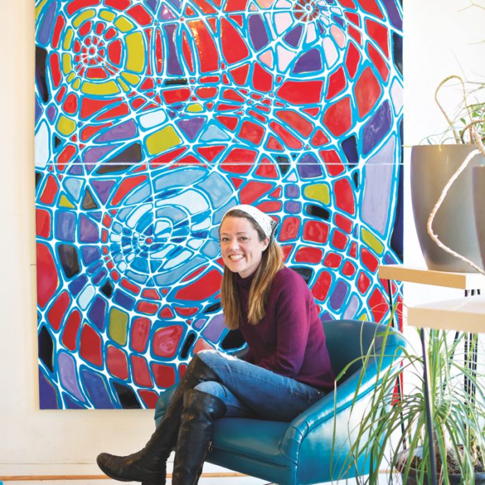 Drawing on the world of science to influence her artwork, Reis, with Reticulation, a piece inspired by cellular movement, works with epoxy polymer plastic in her colorful pieces.