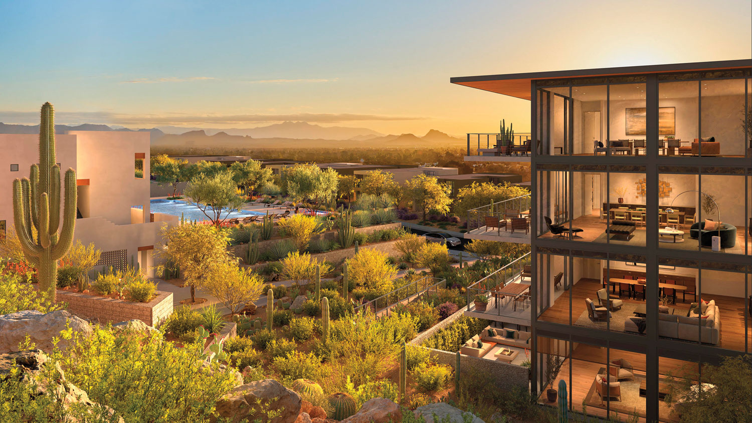 Rendering of a linear condominium building in the desert