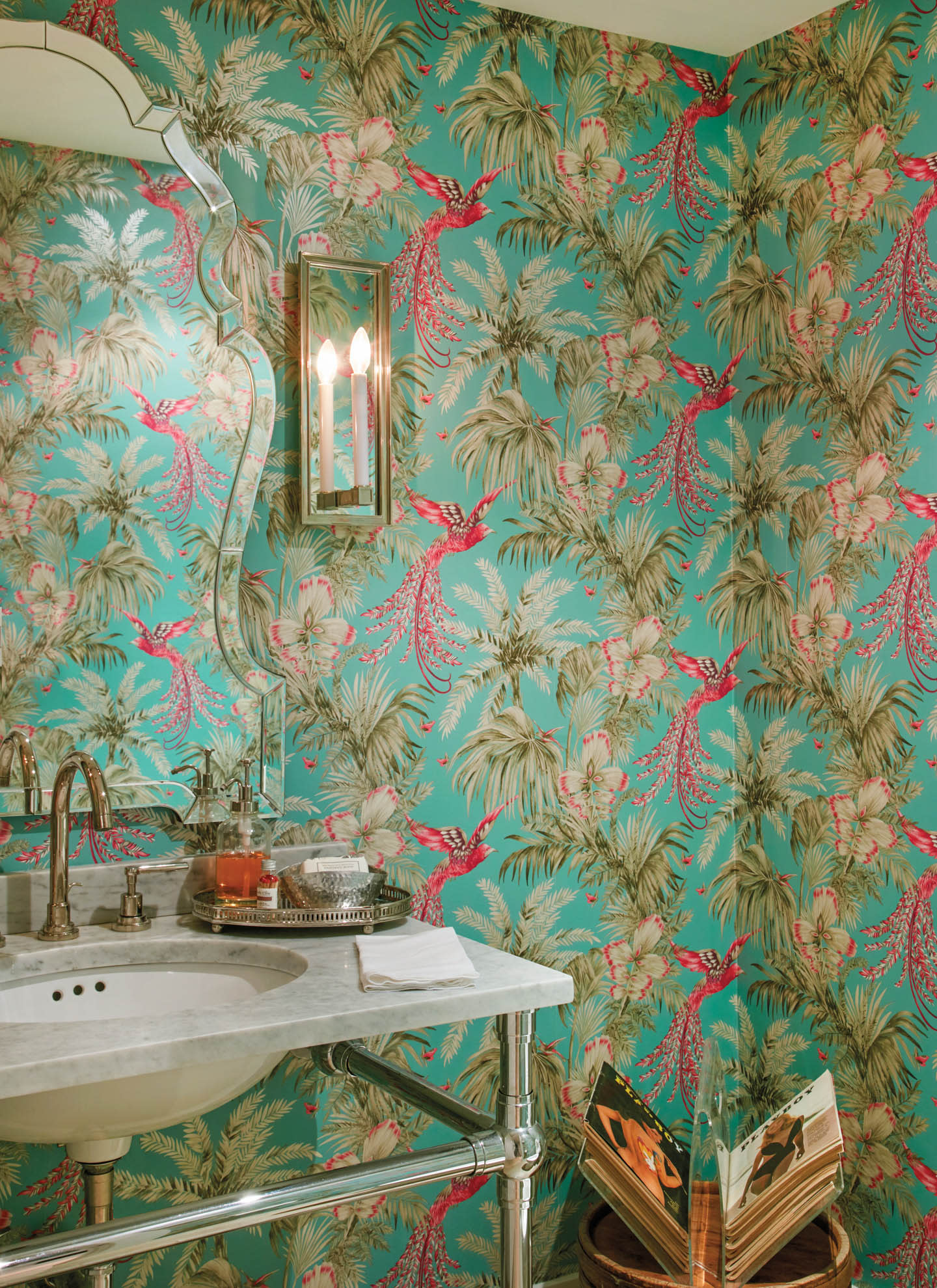powder room with bright aqua wallpaper featuring vibrant pink birds