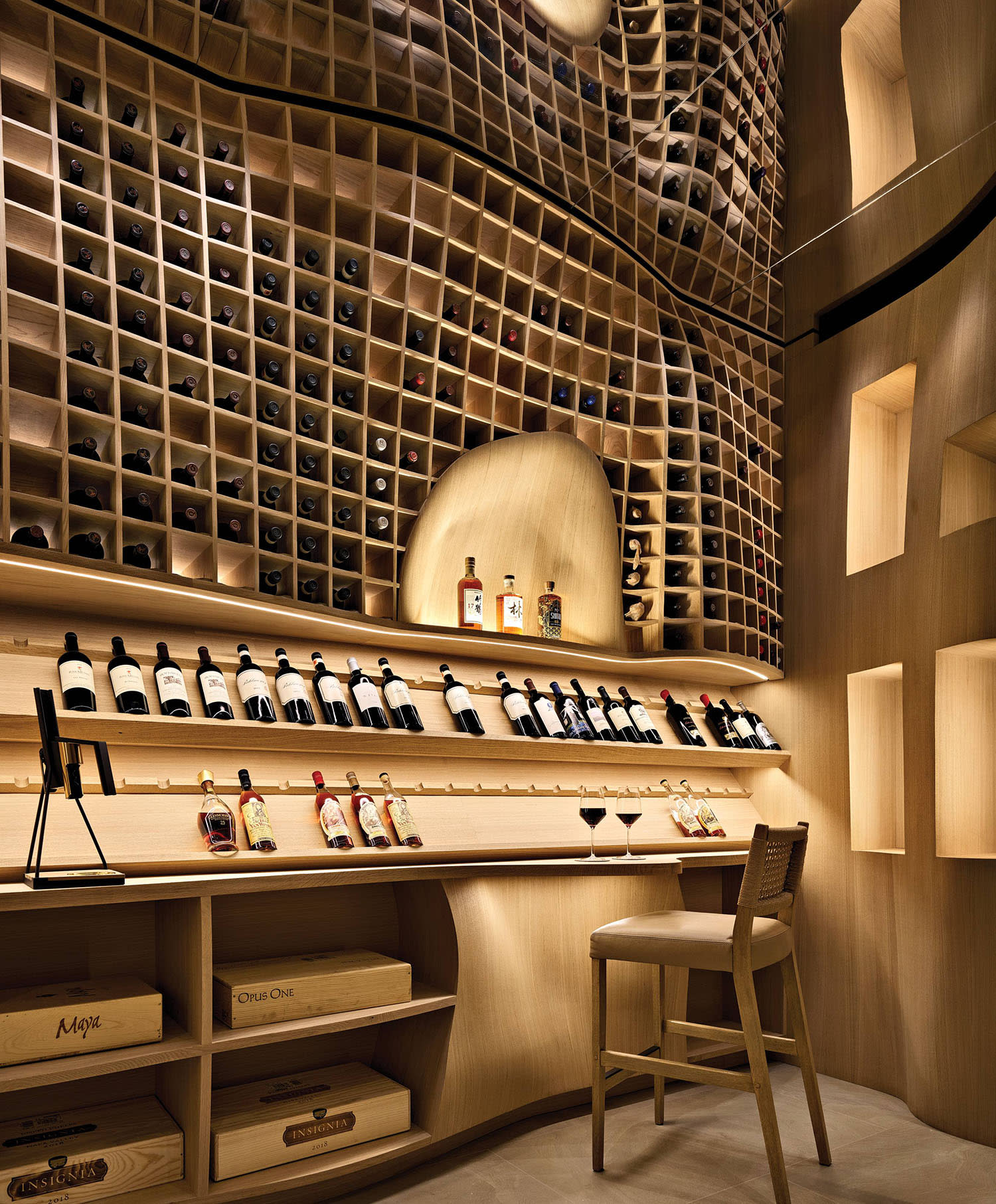 wine cellar with curving shelves