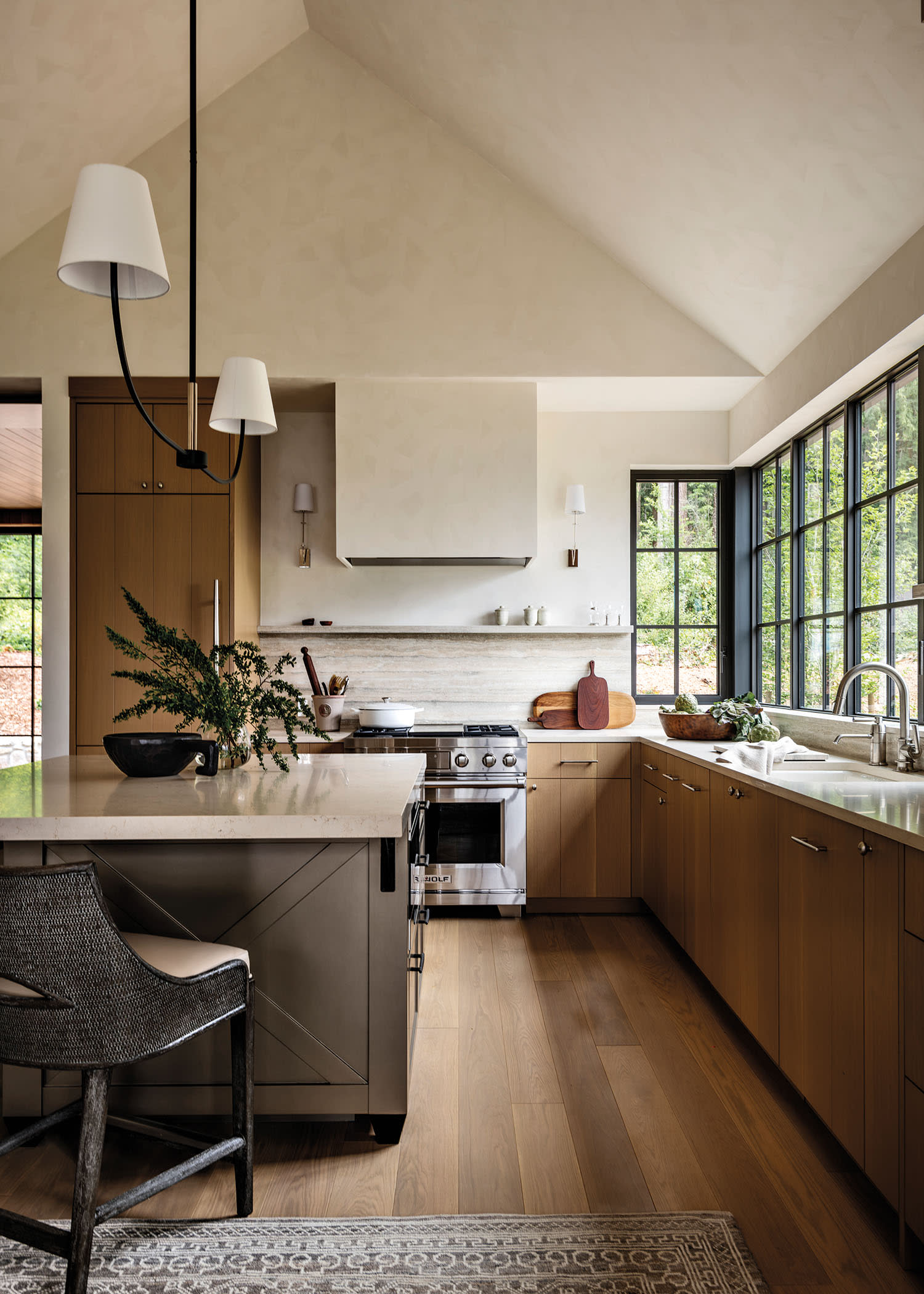 kitchen with limewashed walls and oak cabinetry