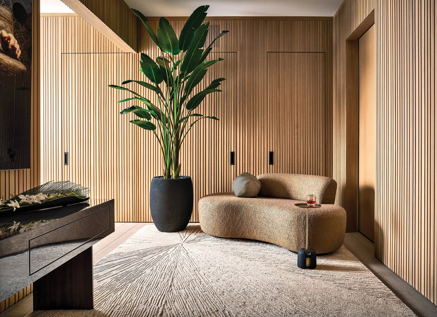 foyer with rift white oak wall paneling