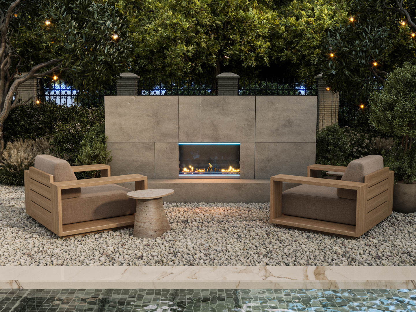 A contemporary outdoor fireplace with two chairs and a table, designed for relaxation and warmth in an outdoor setting.