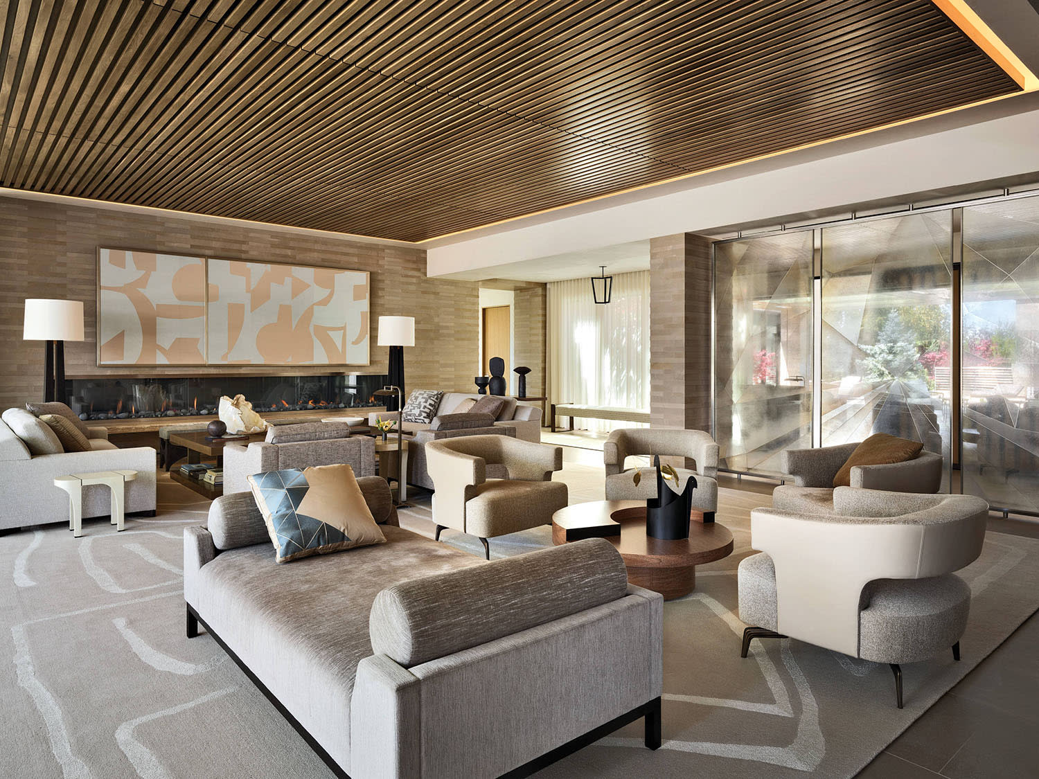 contemporary great room with an oak slat ceiling