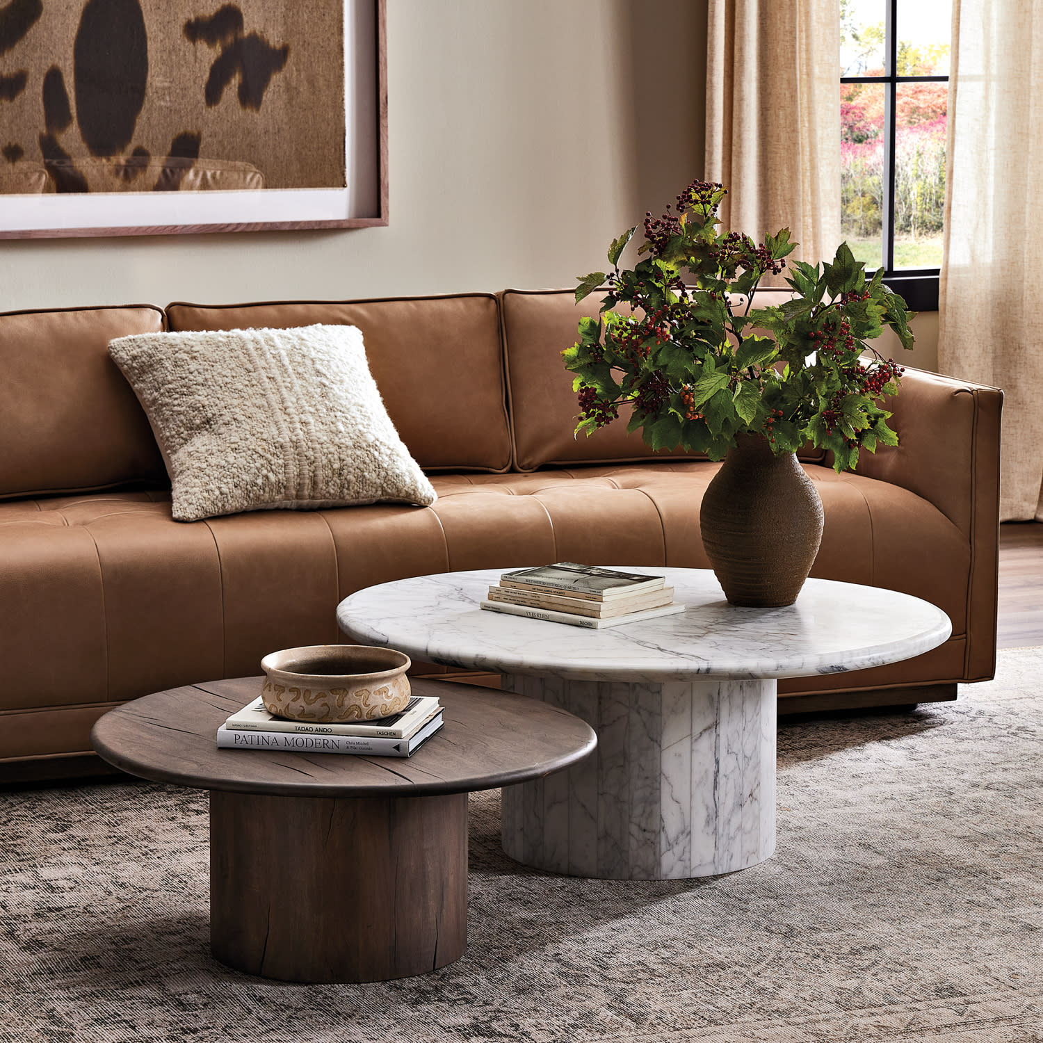 nesting coffee tables in a cozy living room
