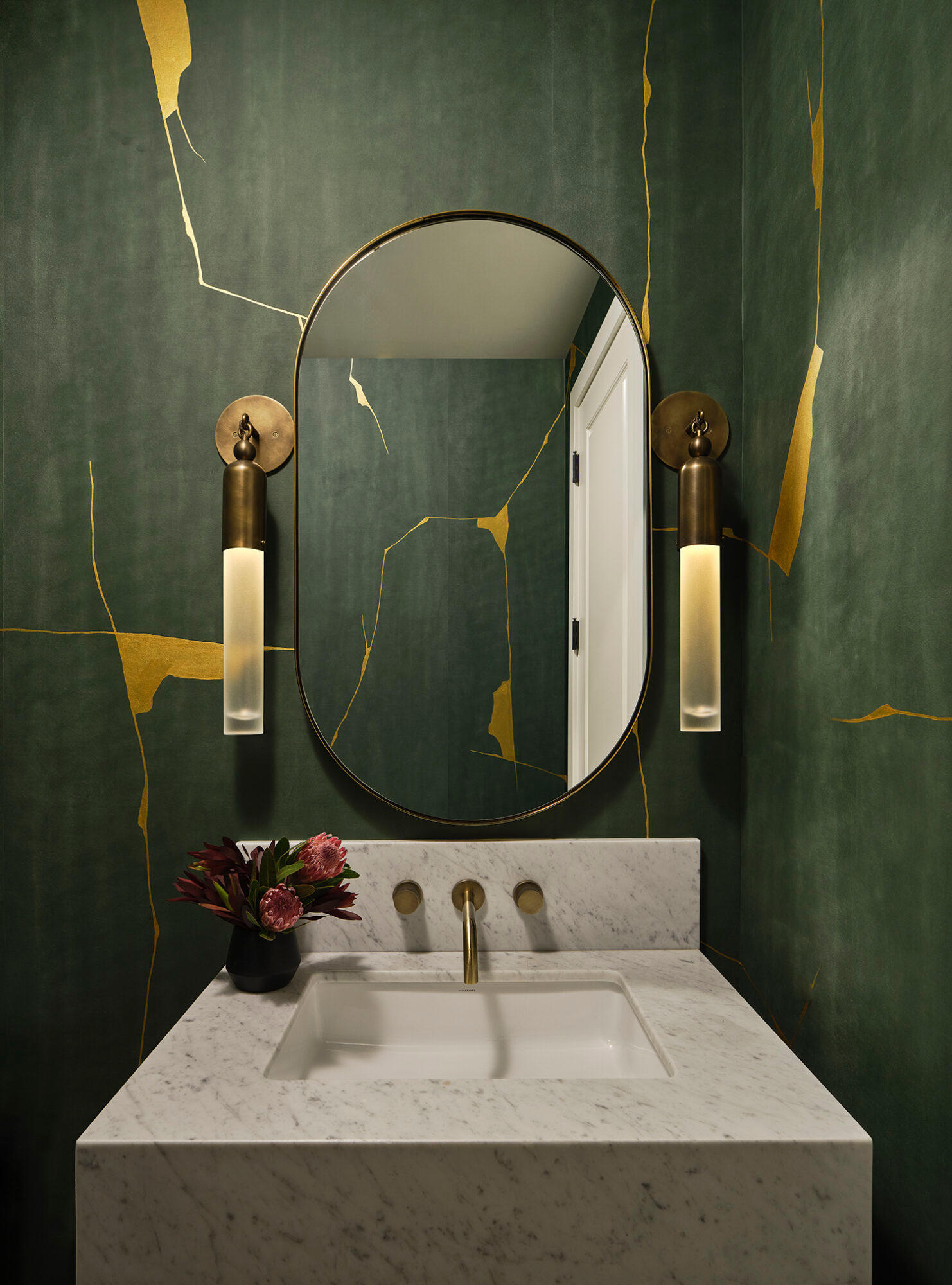 powder room with hand-painted wallpaper